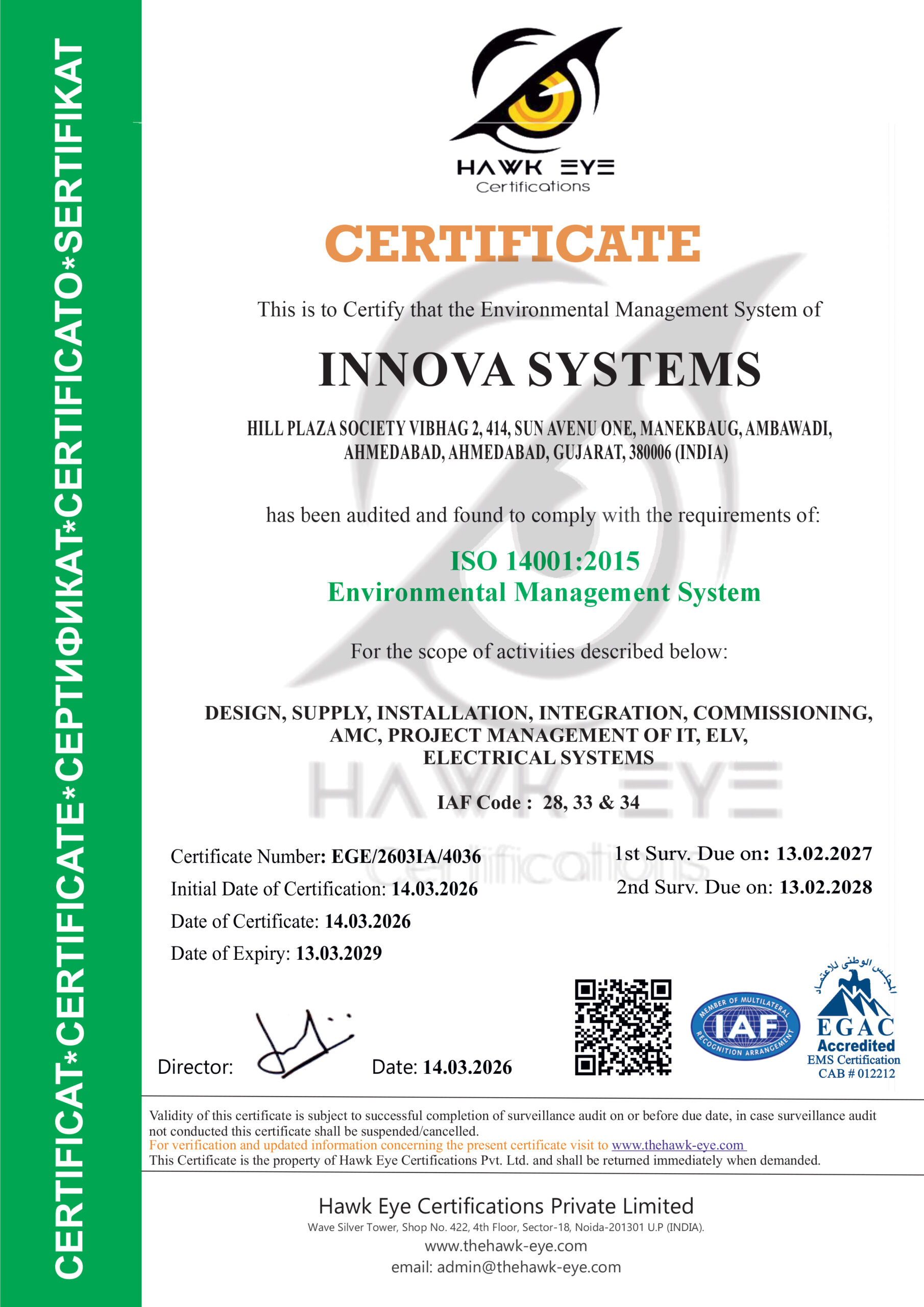 ISO 14001 2015 Certificate Innova Systems