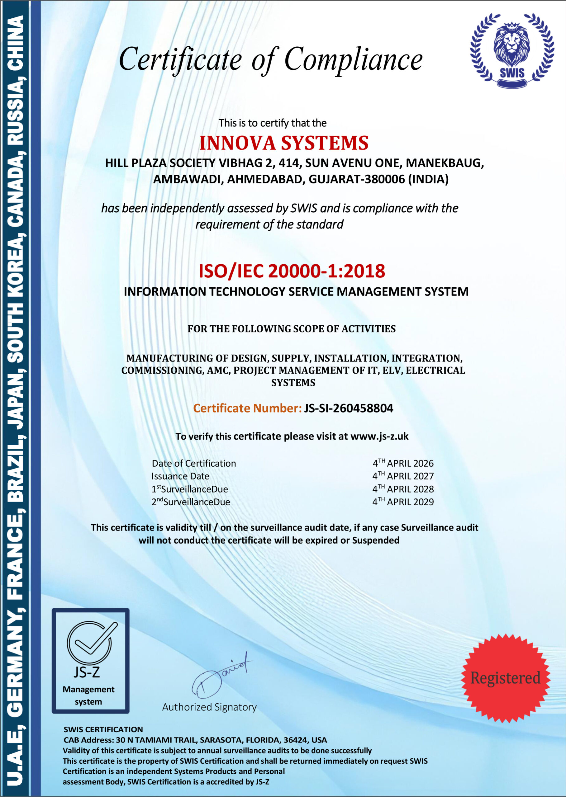 ISO IEC 20000 1 2018 Certificate Innova Systems