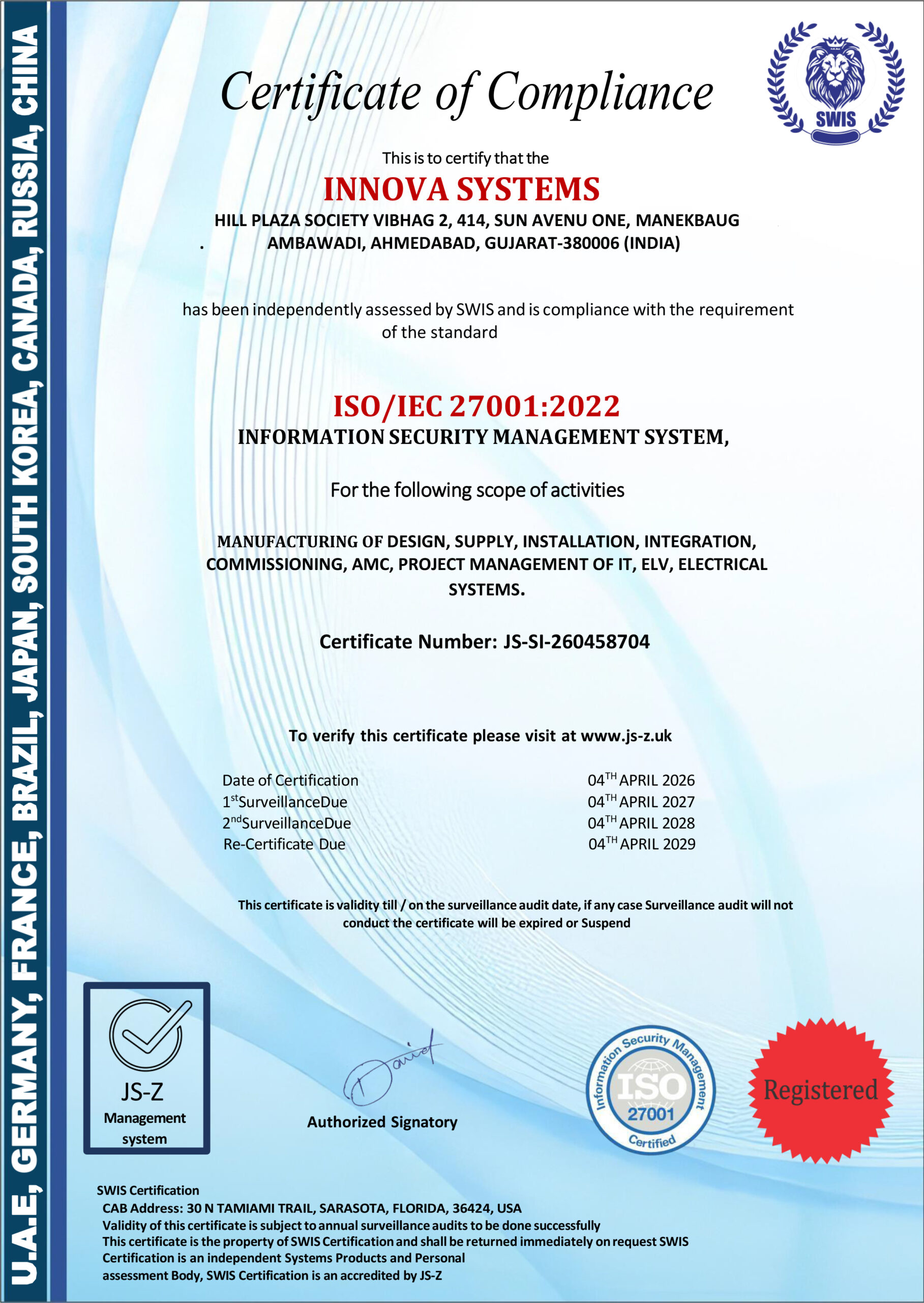 ISO IEC 27001 2022 Certificate Innova Systems